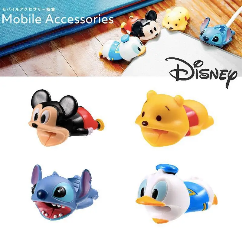 MINISO Mickey Mouse Pooh Bear Donald Duck Stitch Cosplay Kawaii Bite Iphone Usb Cable Organizer Winder Protector Toys Kids Gift