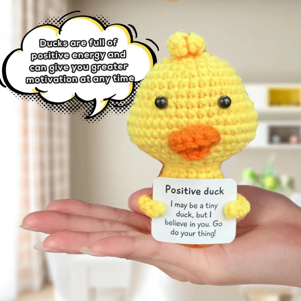 Positive Crochet Yellow Duck Doll with Encouraging Card Emotional Support Handmade Knitting Animal Decoration Ornament Kids Adul