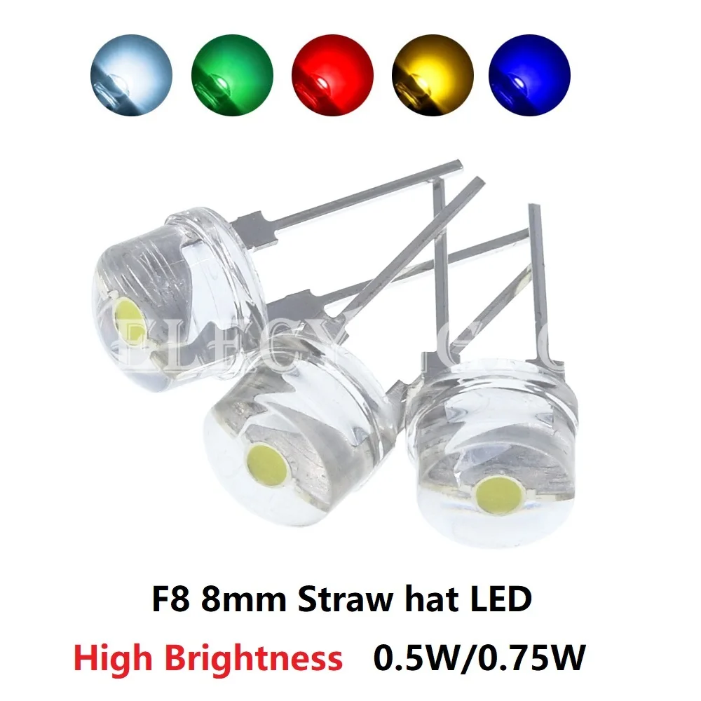 F8 8mm 0.5W/0.75W Clear Straw hat LED Super bright lamp Wide Angle Transparent Strawhat White/Red/Blue/Yellow/Green