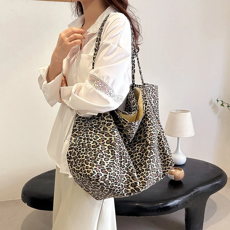 Womens Leopard Canvas Shouler Bag Female Fordable Big Bags Purse Fashion Hand Bag for Work Travel