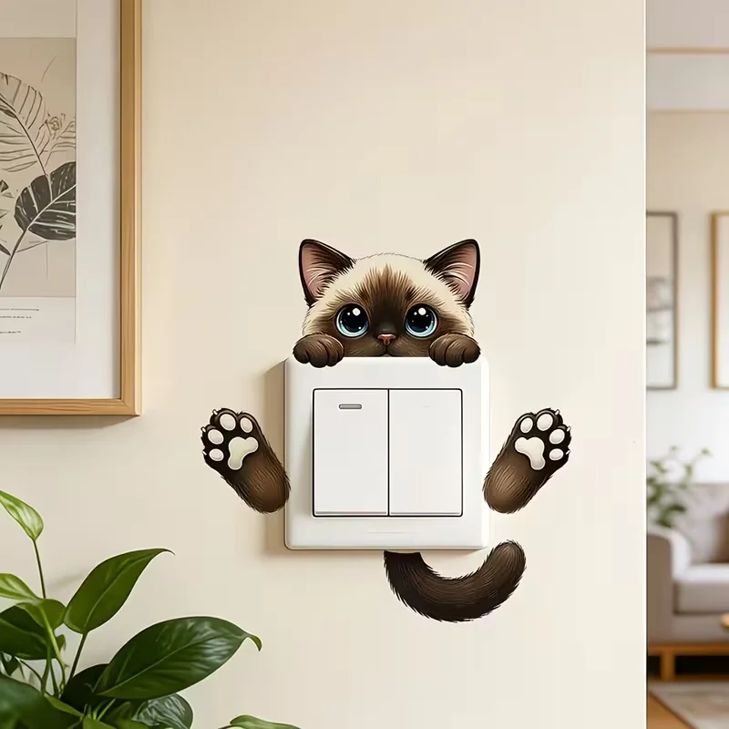 1PC Siamese cat switch sticker, 2D animal wall sticker, removable PVC material fun wall decoration, suitable for home decoration