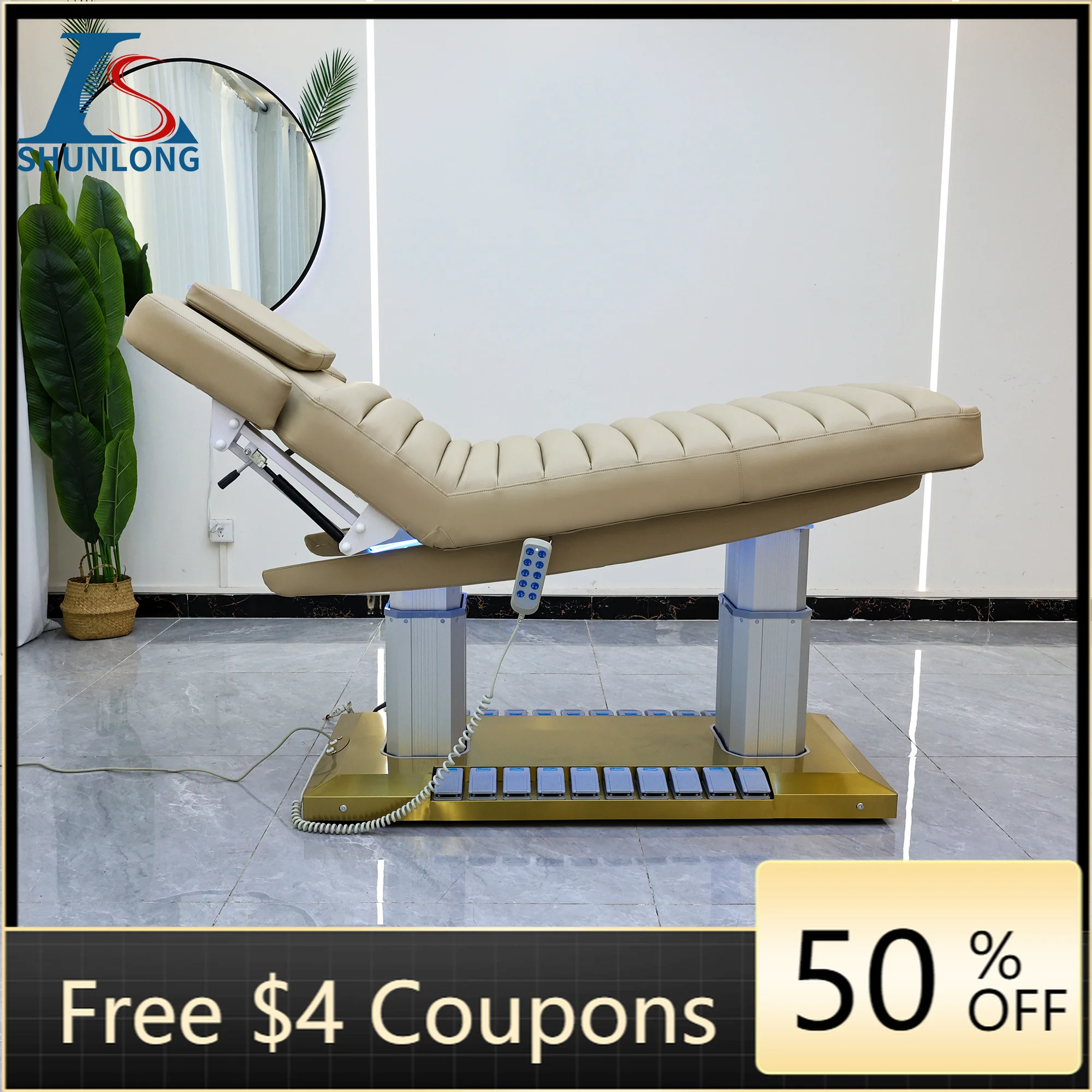 Electric Facial Massage Bed Beige PU Double Aluminum Column Lift Golden Base LED Light Remote & Foot Control Reclining Beauty Ta