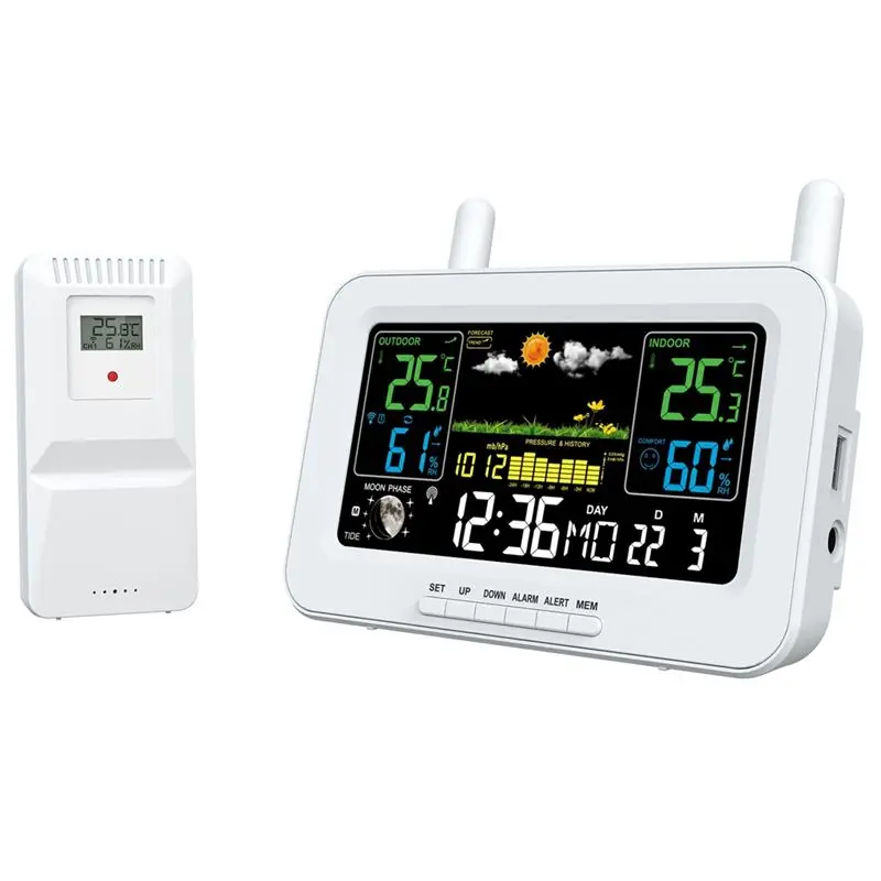 A27F-Color Screen Digital Weather Station Sunrise And Sunset Thermometer Hygrometer With Wireless Outdoor Sensor US Plug B