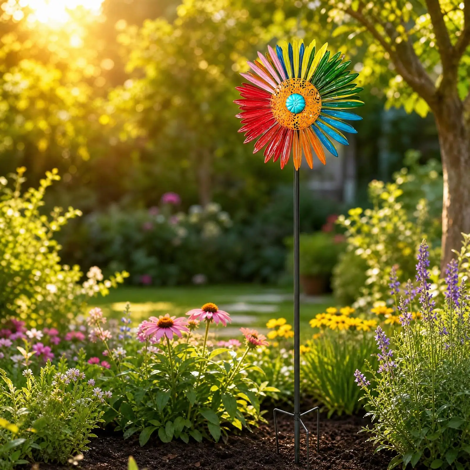 Iron Wind Spinner Garden Art Rotating Windmill with Orange Center for Outdoor Lawn