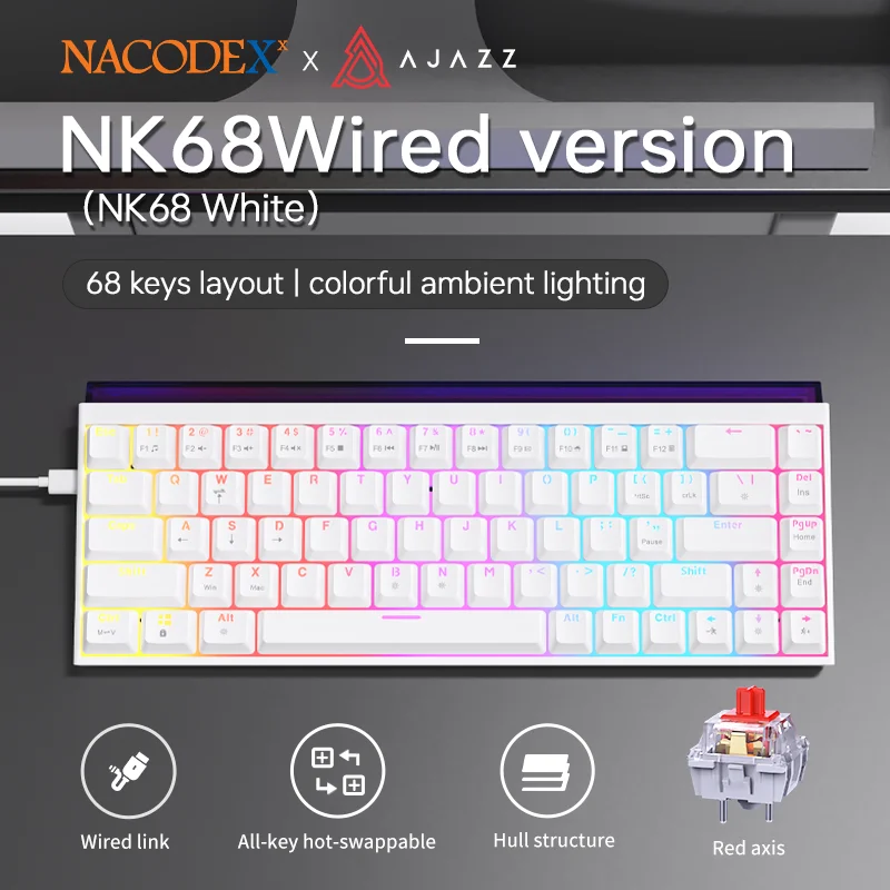AJAZZ NK68 Mini 65% mechanisch gaming-toetsenbord, 68 toetsen met rode schakelaars, compact bedraad kantoortoetsenbord, verbluffende lichteffecten, zelfbediening, plug-and-play, ondersteunt meerdere