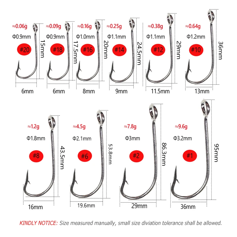 Wifreo 200pcs Silver Thick Wire Sea Kirby Ringed Hook High Carbon Steel Seawater Fishing Big Eye Hooks Barbed Sharp Size #20-#1