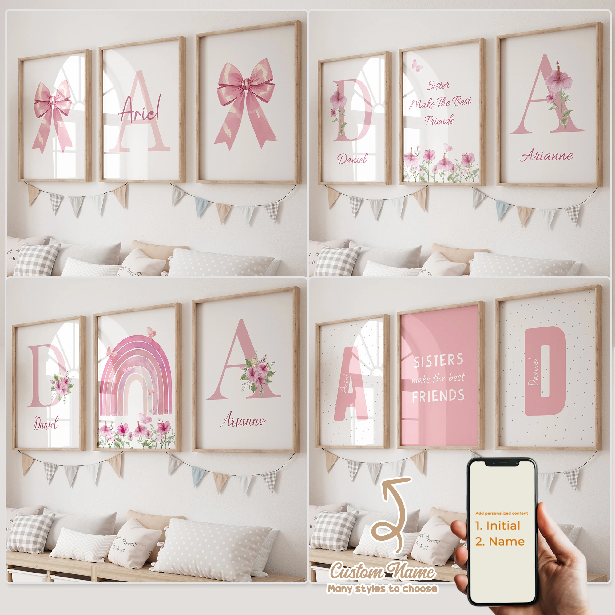 3 Stück personalisierte, individuelle Cartoon-Wandkunstdrucke mit rosa Schleife, Leinwandposter, Gemälde für Wohnzimmer, Kinderzimmer, Heimdekoration