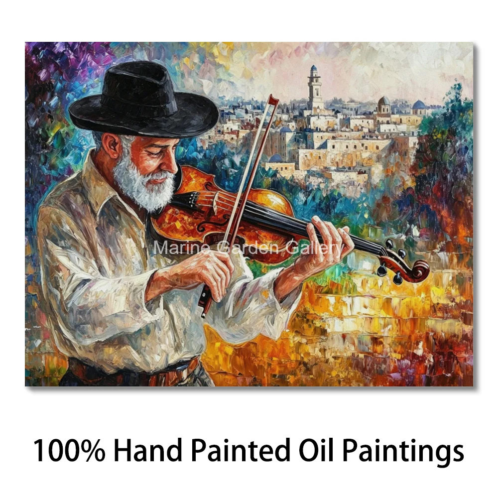 Hand Painted Jewish Violinist Oil Painting Jerusalem Old City Textured Canvas Musician Portrait Contemporary Art for Living Room