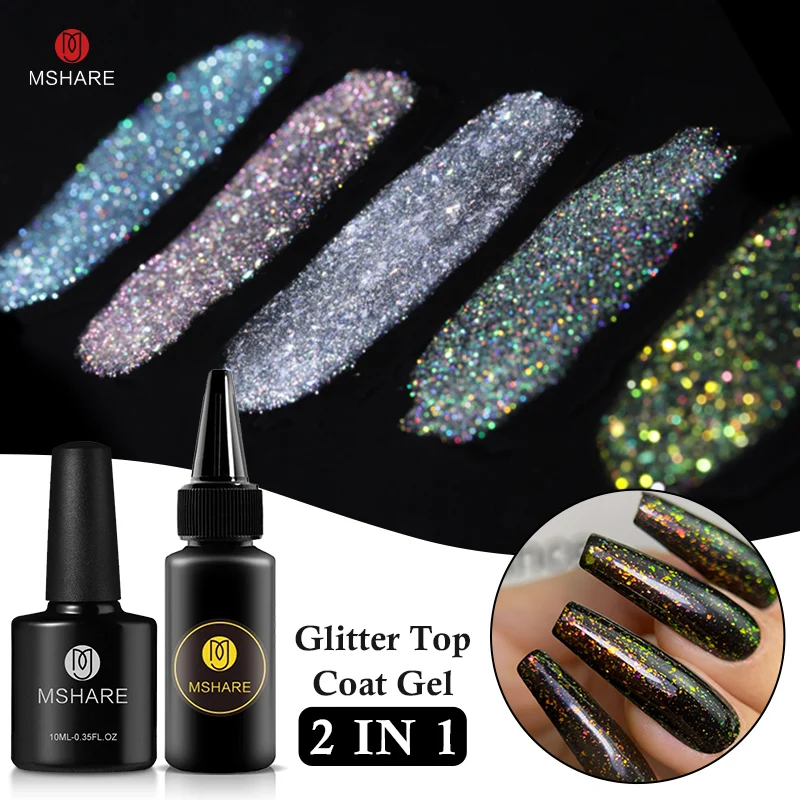 MSHARE Purple Glitter Top Coat Gel Polish Chameleon Flakes Nail Gels Shiny Sequins Soak Off UV LED Nail Art 10ml