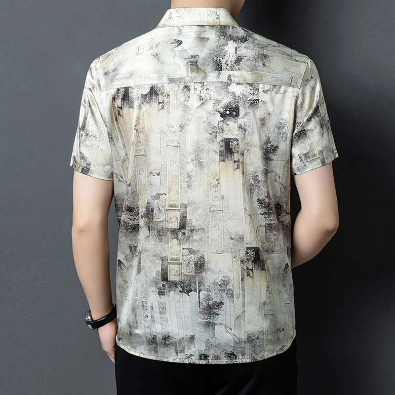 Luxurious Print Lightweight Shirts For Men Short Sleeve Coolness Summer Quality Silk 92.5%,Elastane 7.5% Satin Camisas De Hombre