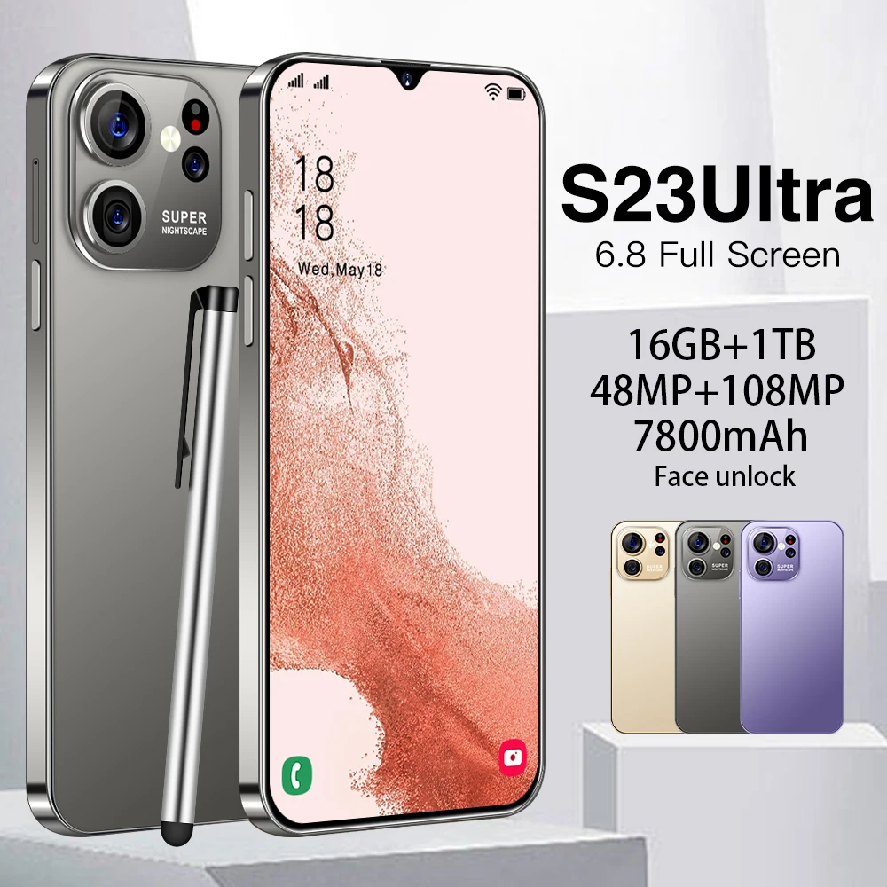 

Smartphone S23Ultra locked HD Screen maximum memory 16GB+1TB 5G Dual Sim Celulares Android12 Unlocked 7800mAh Cell celular