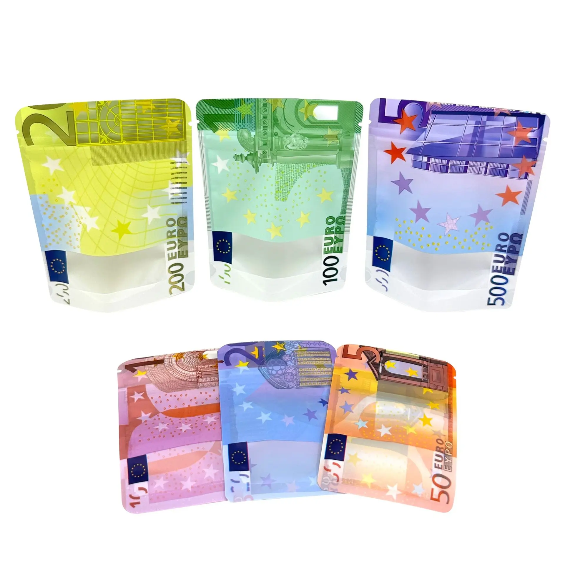 15pcs  With Clear Window Mylar Bags 3.5G 10x12cm 10€20€50€100€200€500€ Small Pouches Bills Paper Proof Zip lock Bag Small Pouch