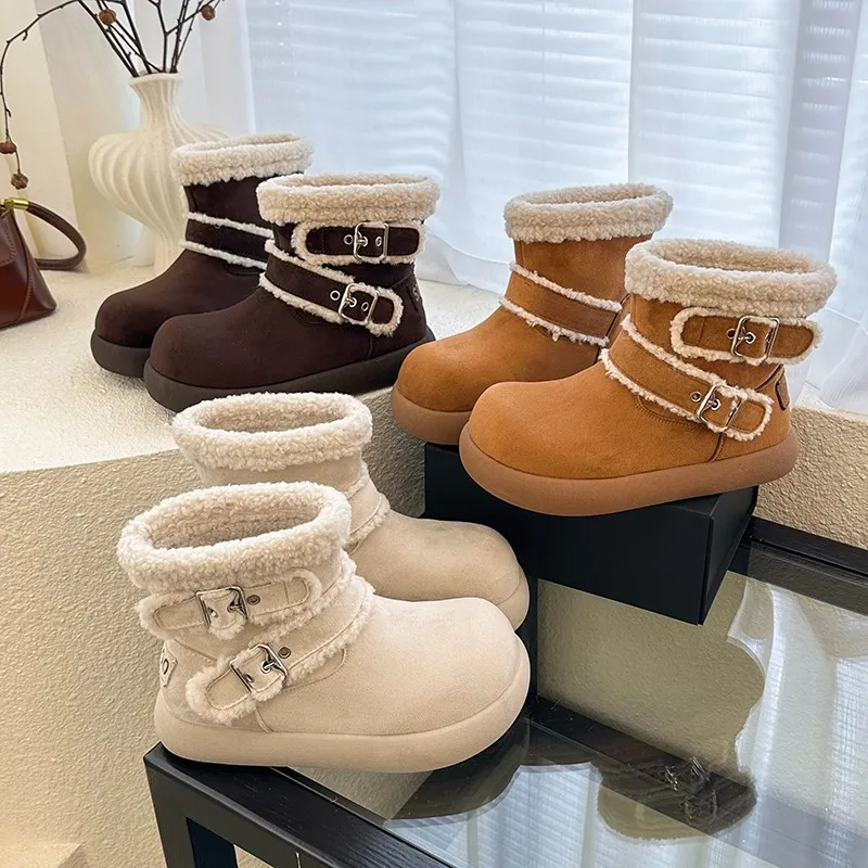 

Хлопковая обувь на платформе с металлической пряжкой, новые зимние ботинки с круглым носком и замшевыми рукавами, мягкие нескользящие зимние ботинки