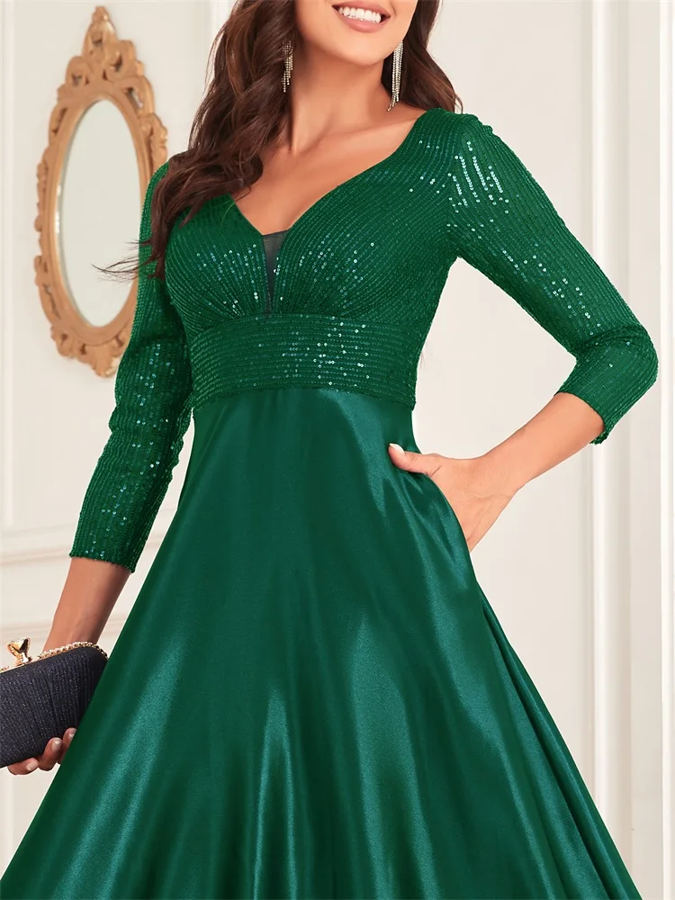 Lucyinlove-Vestido de luxo com decote em v verde lantejoulas feminino, festa de casamento elegante, vestido longo de baile, 2022