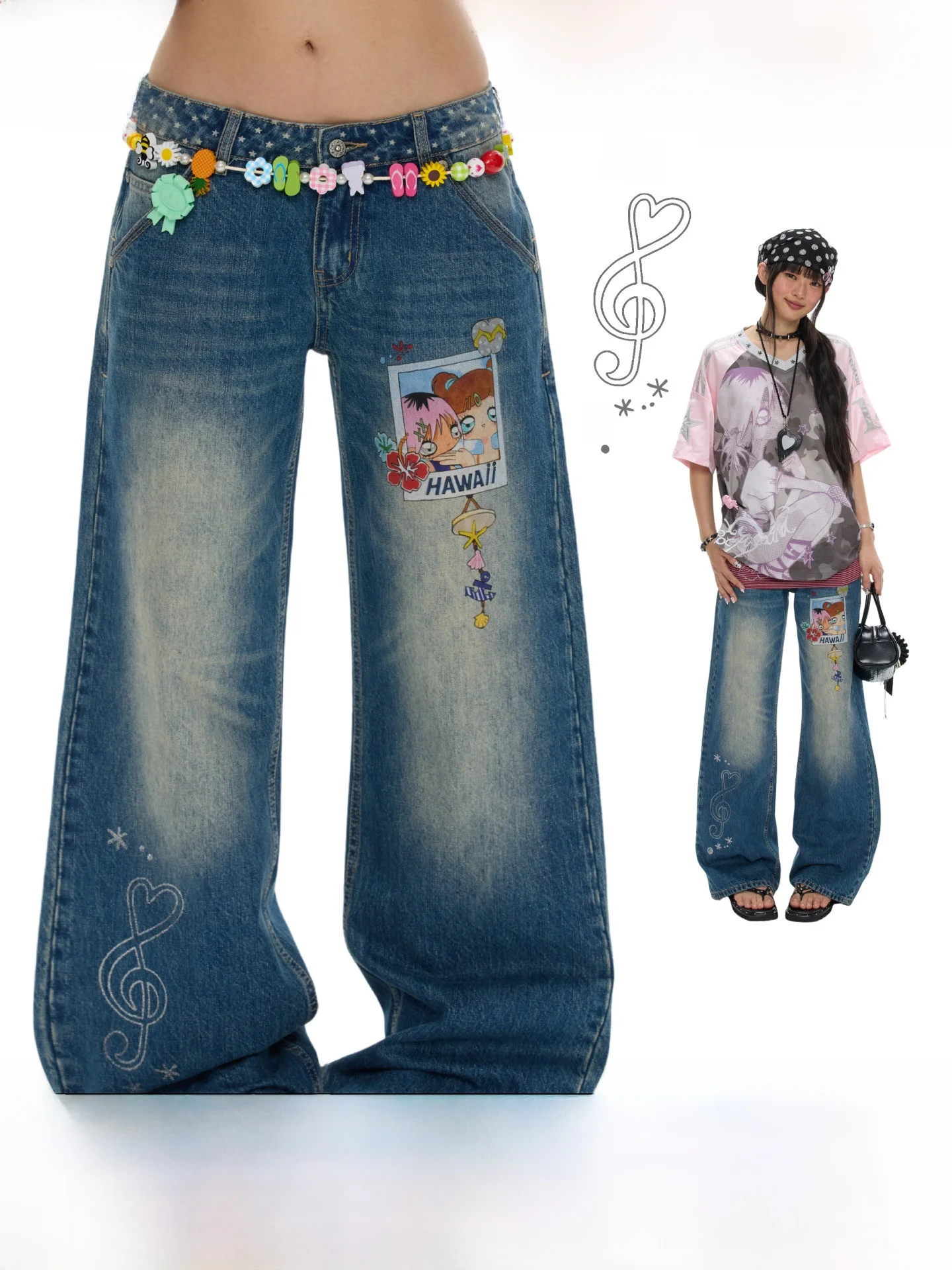 Washed Denim Pants Star Splicing Summer Style Women's Jeans Polka Dot Pattern Natural Waist Loose Fit Teen Girls Fashion