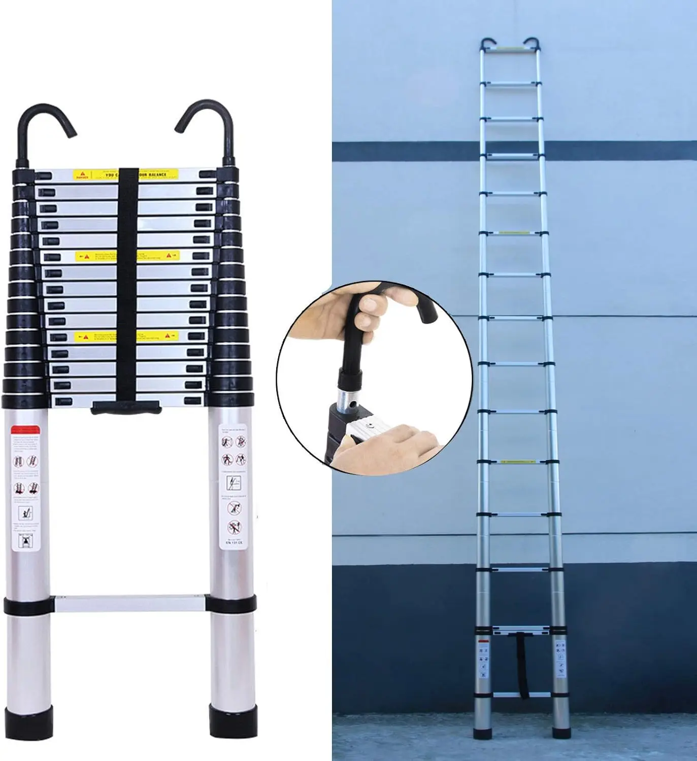 6,2M Teleskopleiter mit Haken, 15 Stufen, Mehrzweckleiter mit Fingerschutz, klappbar, ausziehbare Leiter für