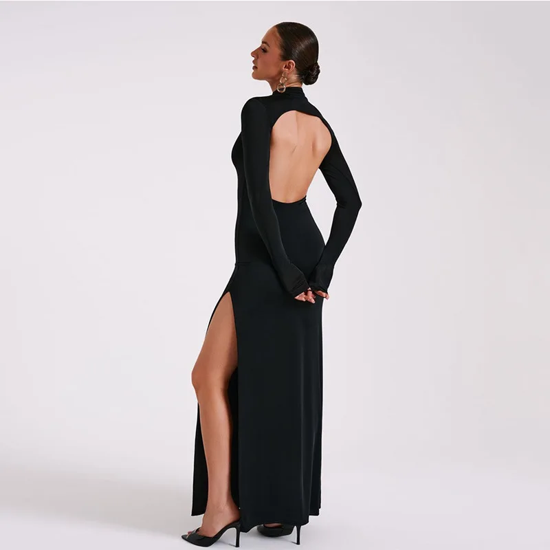 

Spring New Women'S Long Sleeved High Neck Sexy Backless Slit Fashion Dress
