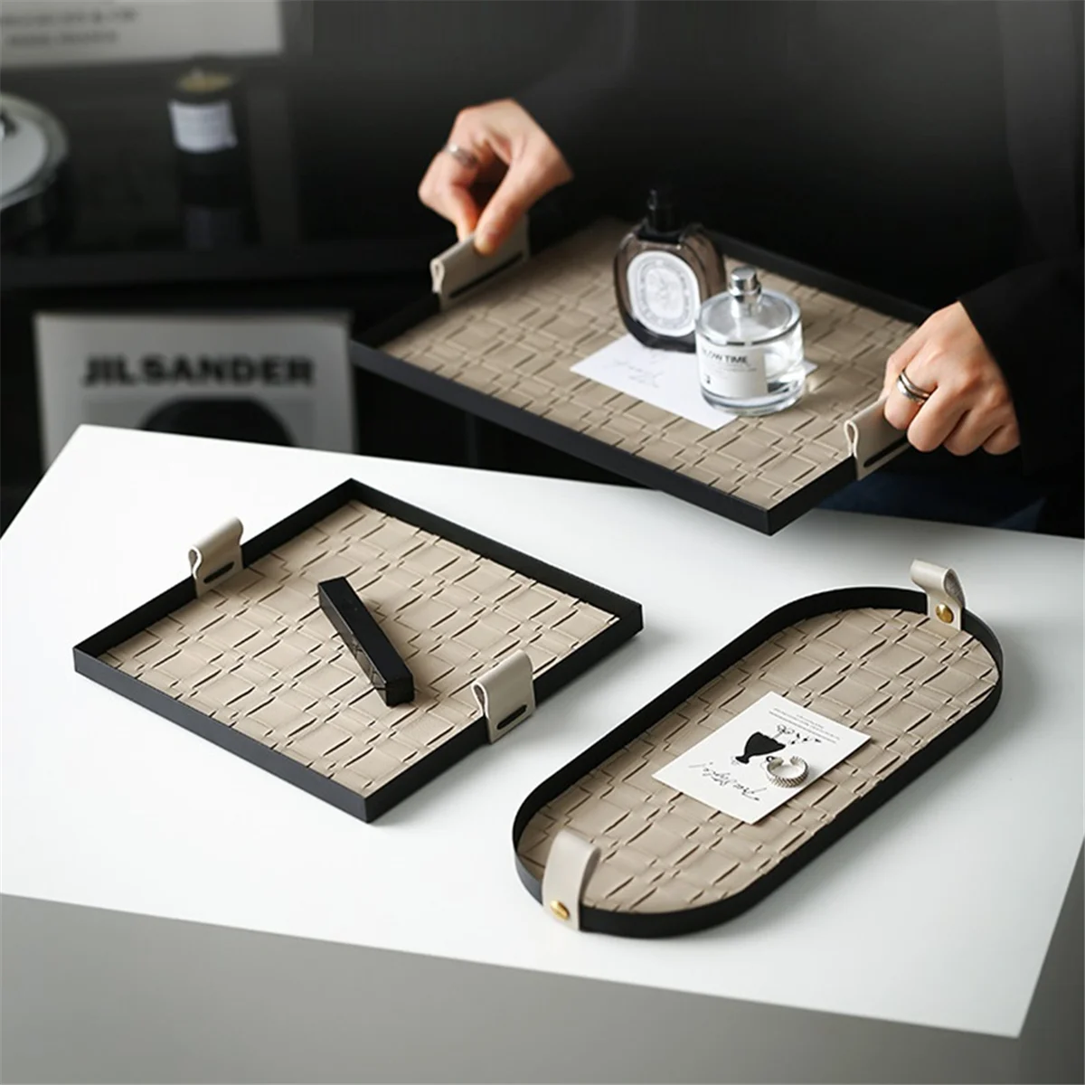 HHTL صينية تخزين منسوجة مجوهرات حديدية صينية تخزين سطح المكتب مستحضرات التجميل مفتاح علبة مجوهرات صينية زخرفية معدنية مستطيلة #2