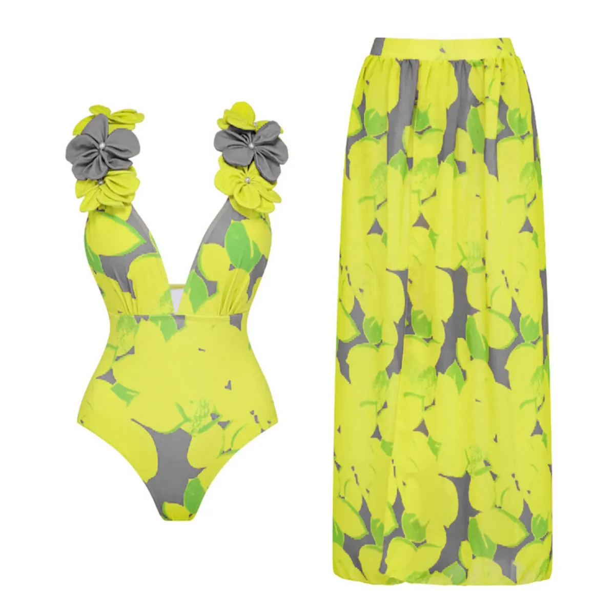 Lemon Printed Swimsuit set  two-piece Swimwear Tie-shoulder Phantom Garden One Piece Swimsuit and Sarong  wholesale