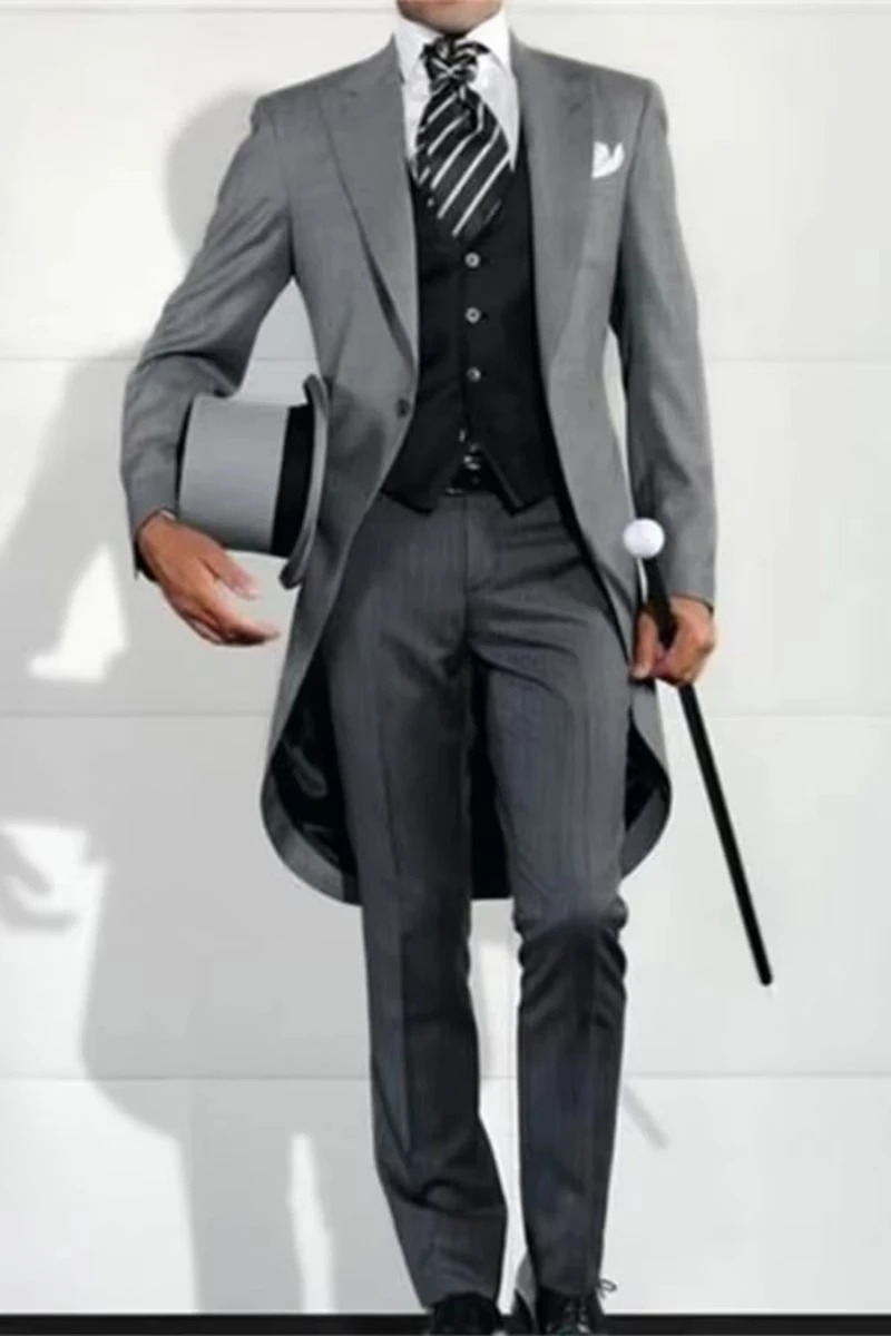 Italian Gentleman Style Wedding Man Long Tail Coat Groom Prom Tuxedos Formal Mens Suits Terno  Masculino Jacket+Pant+Vest