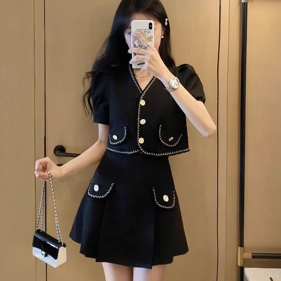 Korean Fashion Short Sleeve Coat Blazer Suit 2 Piece Outfit Women Short Crop Tops Jacket High Waist Mini Skirt Sets Office Lady