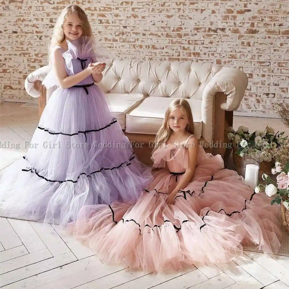 

Tulle Puffy Flower Dress For Girl Spaghetti Strap Ruffles Girl Gowns For Wedding Princess Party Cute Girl For Elegant Party