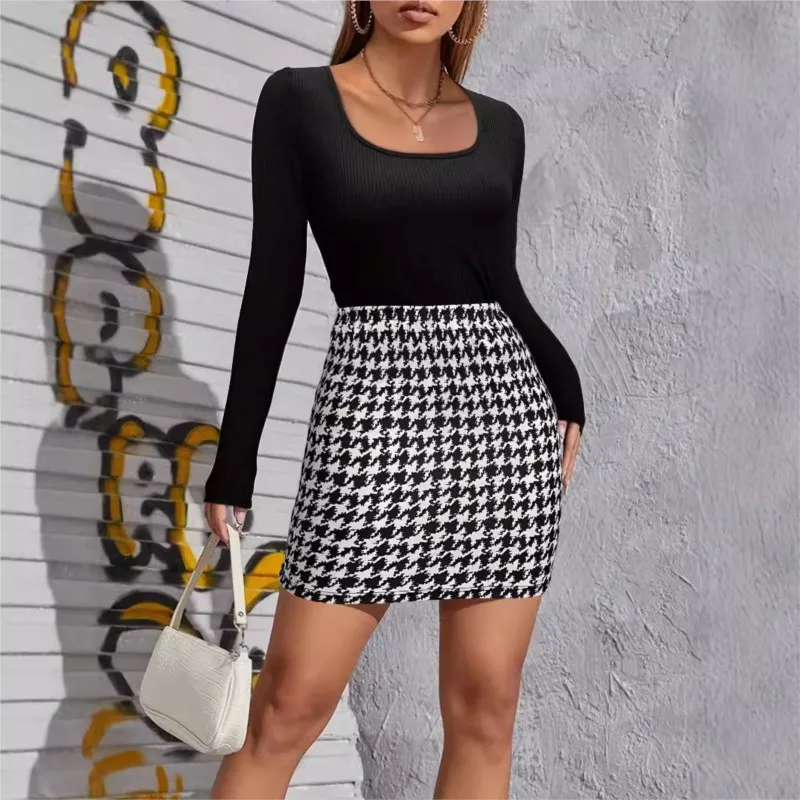 

Knitted Long Sleeve Solid Color Bottom Shirt Printed Bag Hip Skirt Spring And Autumn Elastic Versatile Two Piece Set For Women