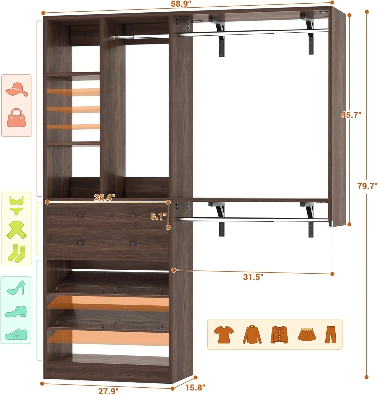 Sistema de armário pequeno de 5 pés com gavetas, sistema organizador de armário de 60" com prateleiras suspensas reversíveis, armário