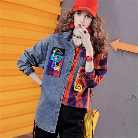 High Class Denim สี Contrast Patchwork เสื้อผู้หญิงความรู้สึกการออกแบบใหม่ลายสก๊อตเสื้อยอดนิยมฤดูใบไม้ผลิและฤดูใบไม้ร่วง2023