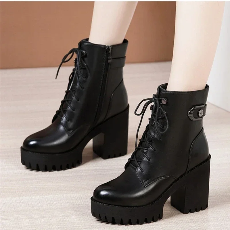 

New Autumn/winter Fashion Thick Soled Knight Boots Round Head Sneakers Soft Cowhide Thick Heel Boots Big Size Women's Boots