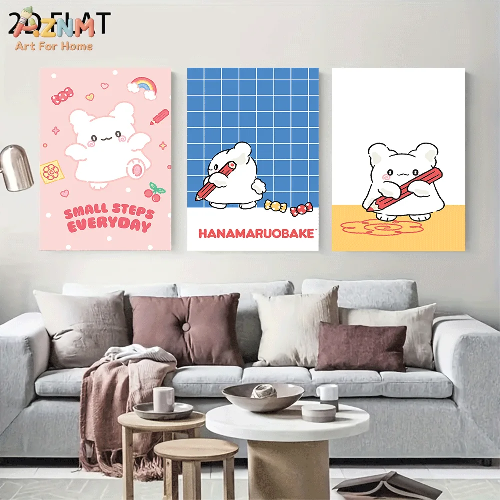 AZNM Hanamaruobake Frameless Canvas Wall Art, Rainbow Grid Pencil Cute Ghost Cartoon Poster, Kawaii 2D Flat Print for Home Bedro