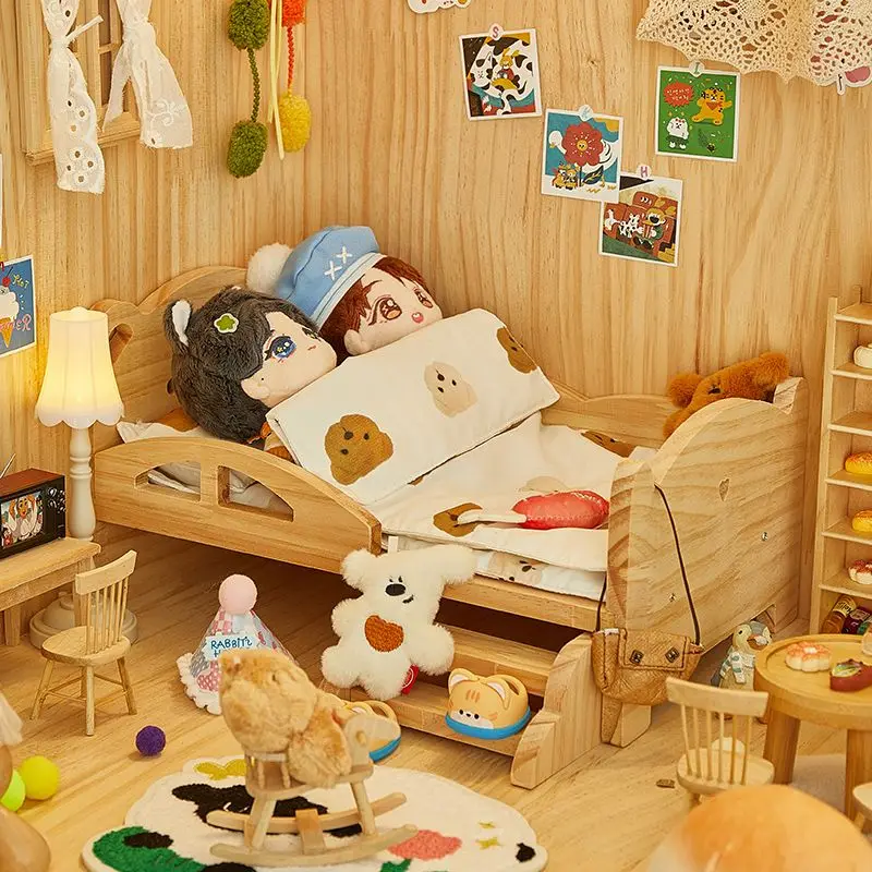 Tempat Tidur Kayu Mini untuk 20Cm Boneka Katun Berdandan Dekorasi Ruangan Miniatur untuk Boneka BJD Aksesori Labubu Mainan Rumah Boneka untuk Hadiah Anak-anak