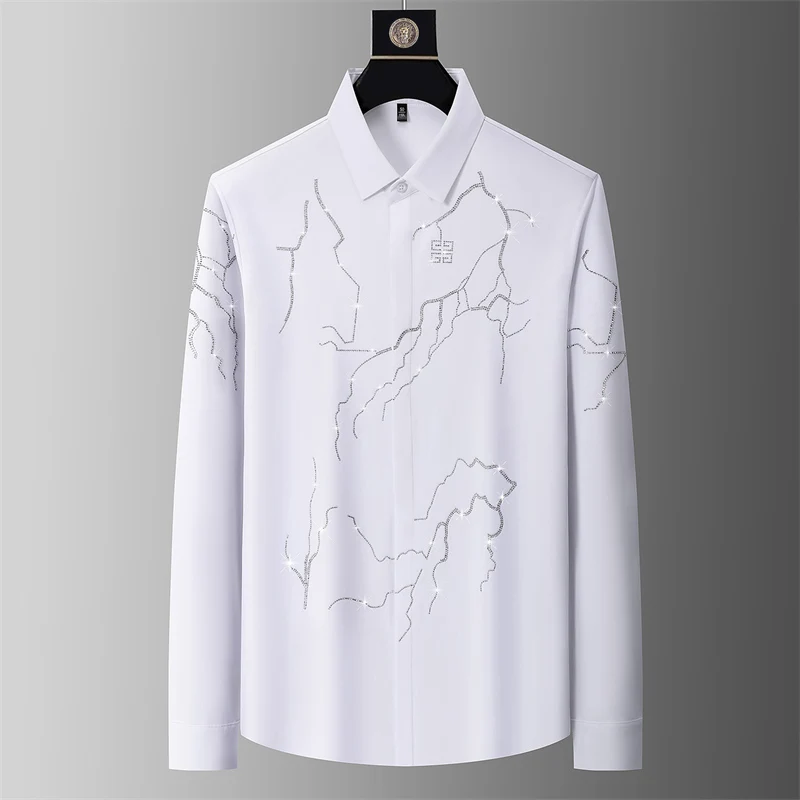 Hotfit Rhinestone Covered Button Shirts For Men Long Sleeve Silky Summer Quality Modified Polyester Blend Stretchy Chemise Homme