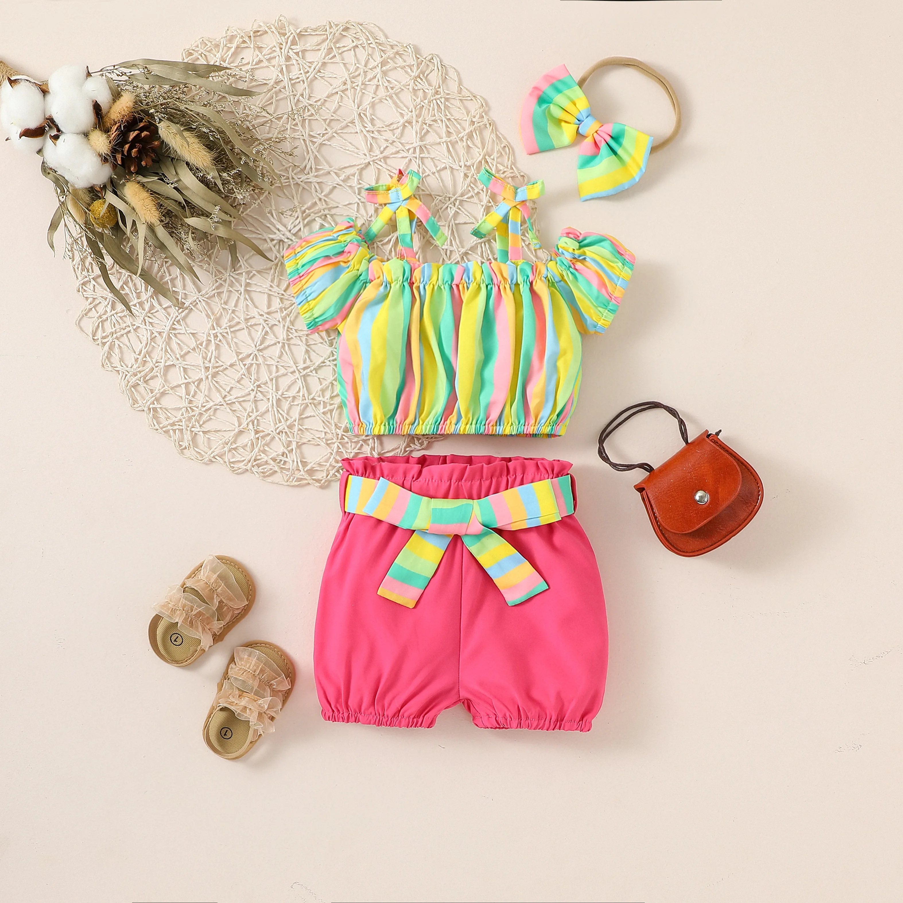 2024 New Baby Girl Summer European And Wnd Suspenders Rainbow Blouse Solid Color Shorts Street Fashion Suit