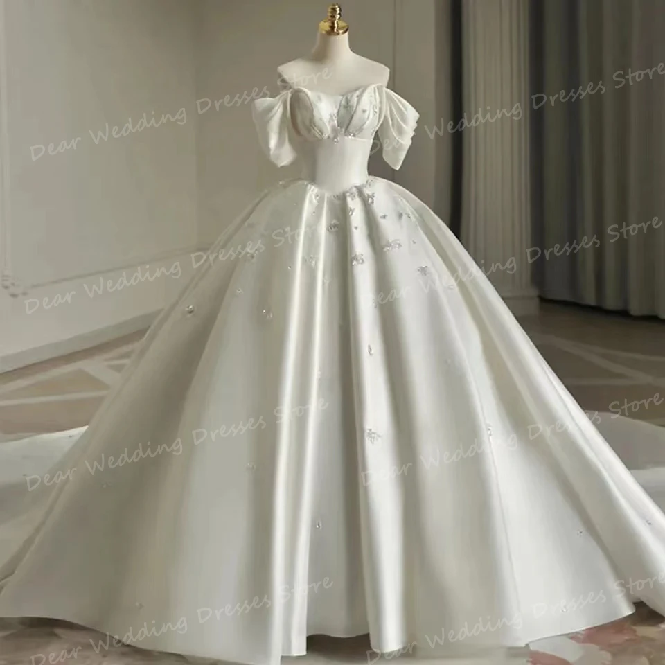 Gorgeous 2024 Sweetheart Wedding Dresses Women's A Line Sexy Off Shoulder Pleat Satin Bridal Ball Gowns Backless Lace Up Vestido