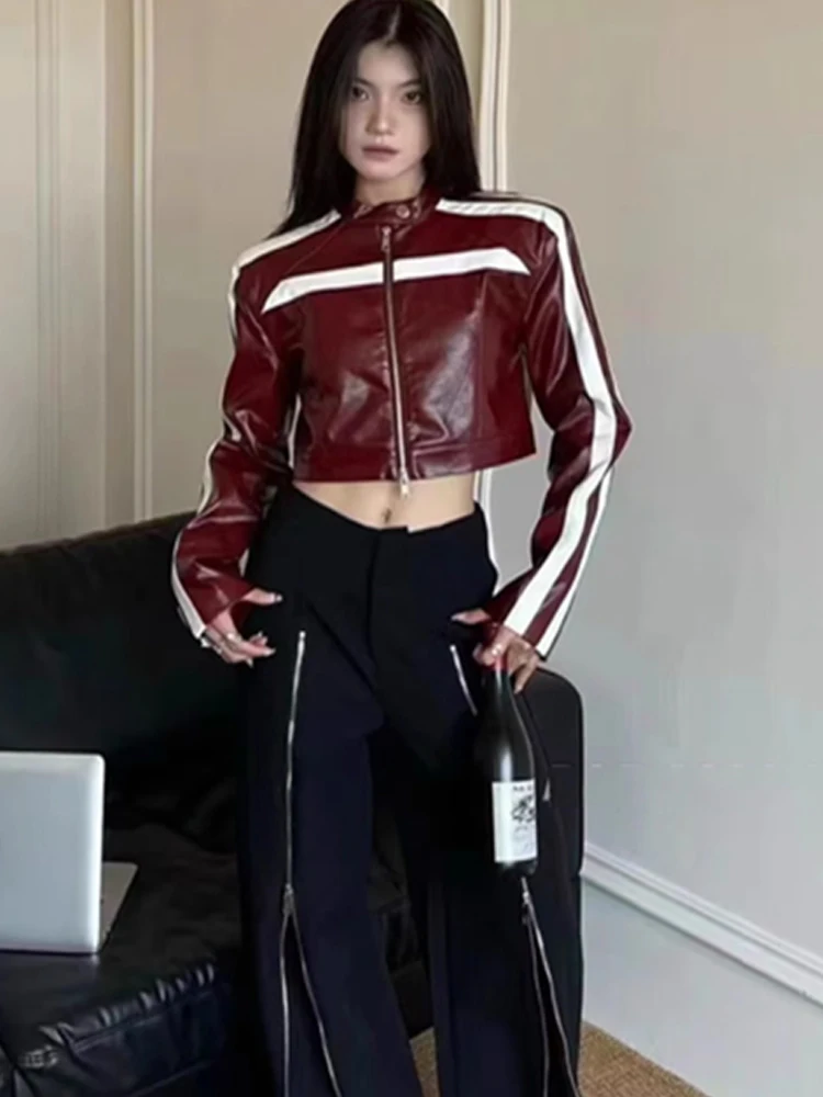 سترة من جلد البولي يوريثان قصيرة جدًا مخططة بحجب الألوان لسترة الدراجات النارية في الشارع عصرية جديدة للربيع