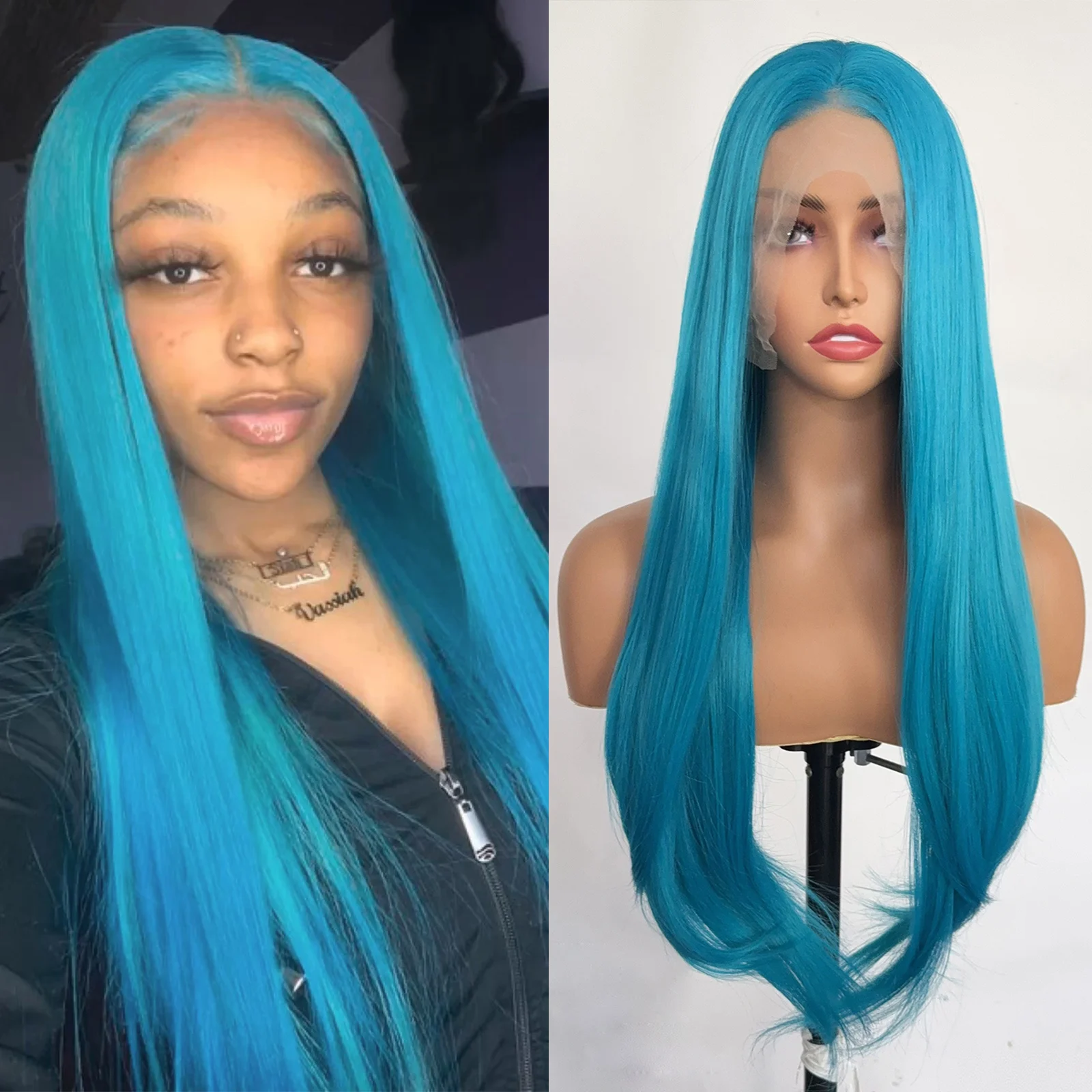 باروكة دانتيل زرقاء طويلة مستقيمة باروكات أمامية من الدانتيل للنساء 13 × 4 شعر صناعي جزء مجاني للاستخدام اليومي خط شعر طبيعي للحفلات التنكرية #1