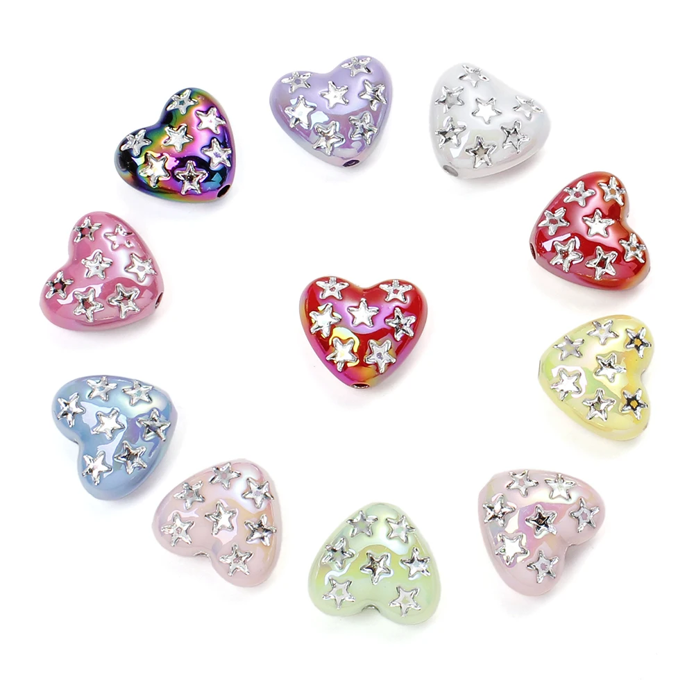 10Pcs Acrylic 3D Love Heart Beads Star Print Focal Beads for Diy Pens Charms Handmade Materials for Making Keychain Hairpin