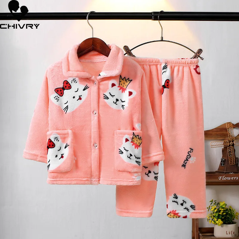 New Kids Boys Girls Autumn Winter Keep Warm Flannel Pajama Sets Cartoon Long Sleeve Lapel Tops with Pants Sleeping Clothing Sets