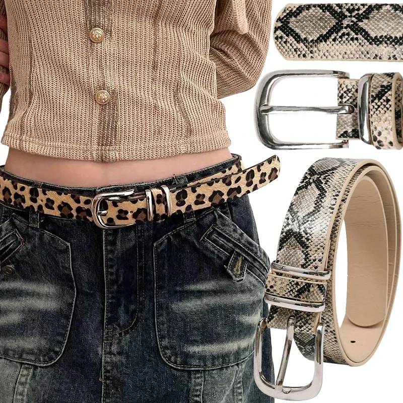 Y2K Jeans Leopard Print Belt Spice Girls Snakeskin Pattern Belts Alloy Buckle Waistband Unisex Long Term Use PU Leather Belt