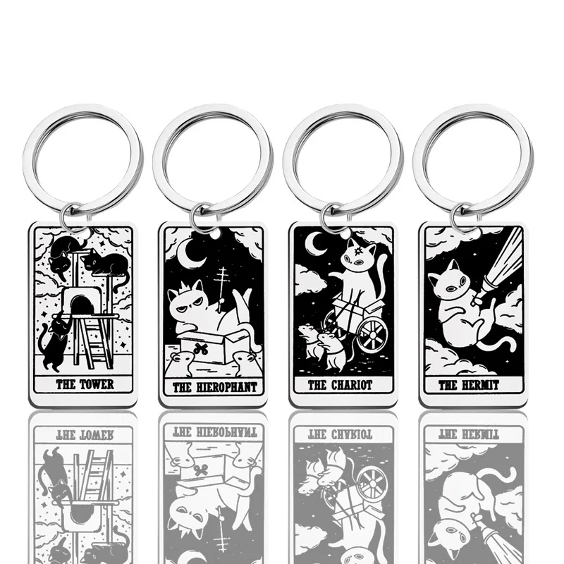 Tarot Key Ring Cartoon Cat KeyChain Women Rider-Waite Major Arcana Key Chain for Men Stainless Steel Keyring Fool Pendant Gift