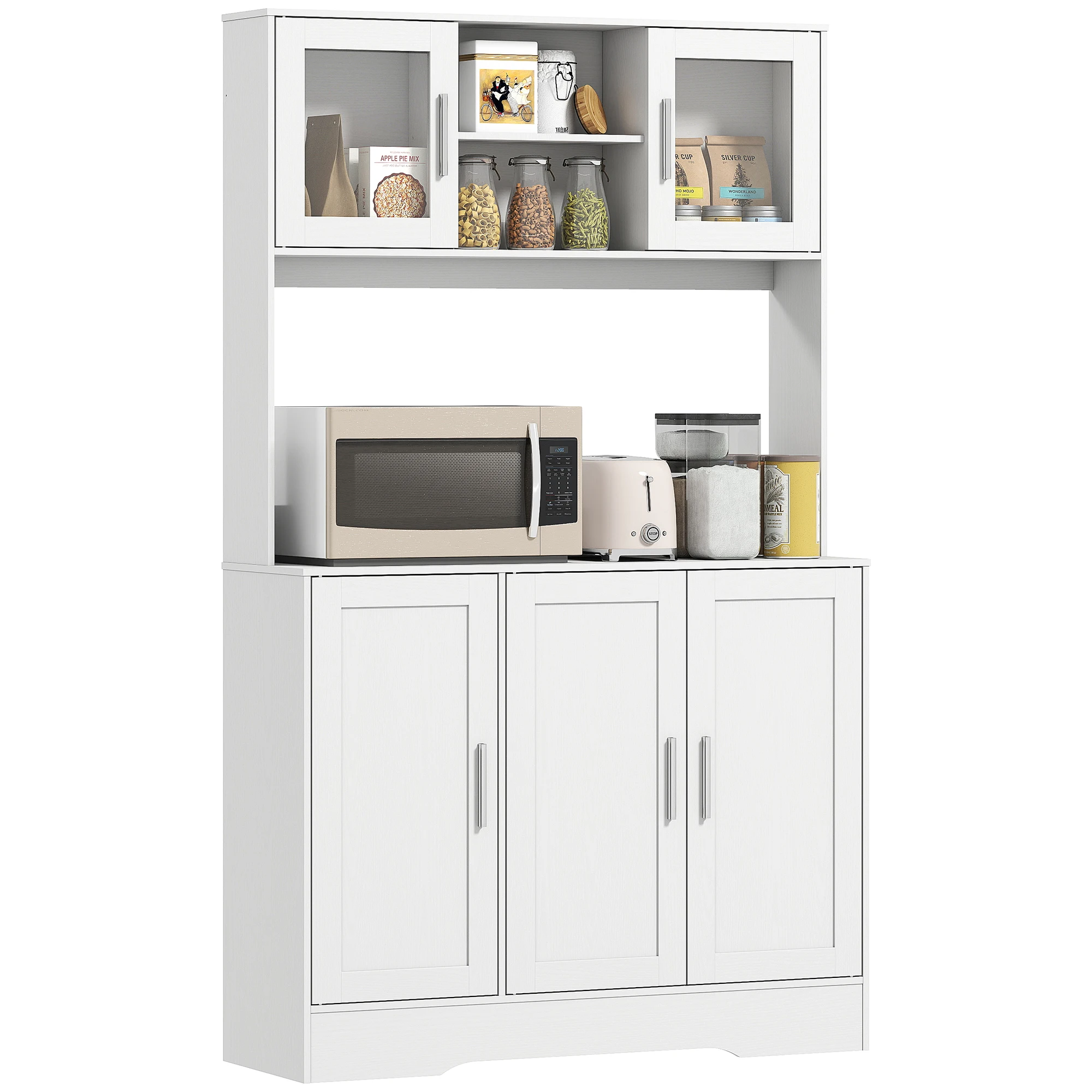 Homcom Keukenkast met 2 glazen deuren, breed aanrechtblad voor magnetron, verstelbare planken, wit