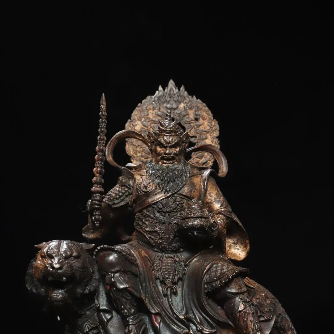 Tibetan antique brass Liu Tuo gold painting Zhao Gongming Buddha statue Home Hall indoor incense case ornament supplies 21cm