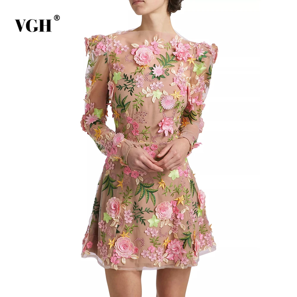 

VGH Colorful Spliced Appliques Elegant Mini Dresses for Women Round Neck Long Sleeves High Waist Slimming A Line Dress Female