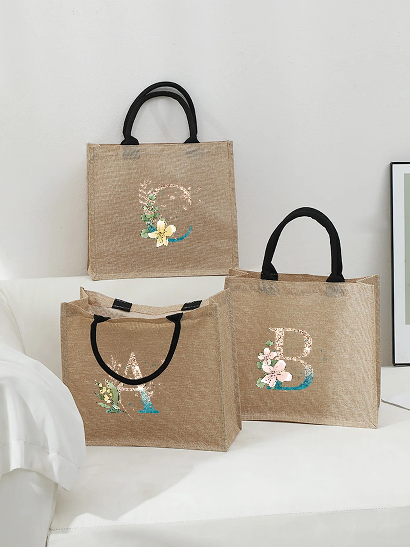 

2026 New Style Flower Color-changing Letter Printed Linen Handbag and Linen Tote Bag Simple Wedding Travel Storage Bags for Her
