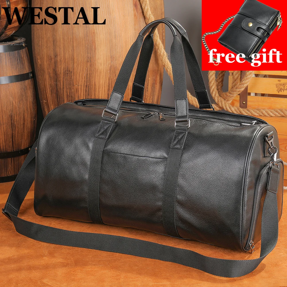 WESTAL 100% Genuine Leather Traveling Bag for Men Folding Bag For Travel Bag Hand Luggage Large Capacity Weekend Bag Duffle 4015