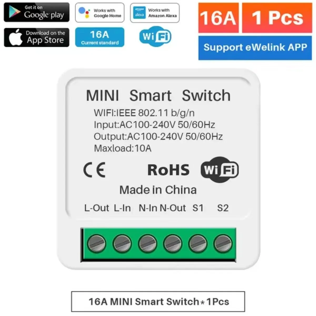 

Mini WiFi Smart Switch eWeLink 16A 2 Way DIY Breaker Module Timer Relay Voice Wireless Remote Control for Alexa