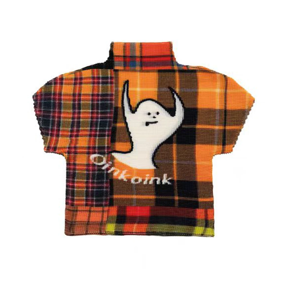 

retro plaid short-sleeved T-shirt summer design printed Spice Girl slim and thin short pleated turtleneck top