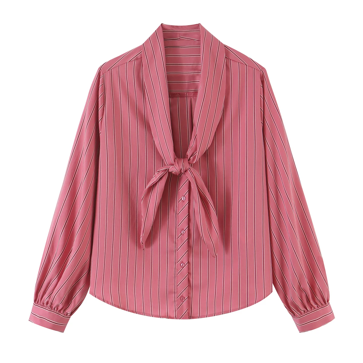 BSAY 2026 Damenbluse im französischen Stil, gestreift, eleganter Schal zum Binden am Hals, lange Laternenärmel, Knopfleiste vorne, lockeres Büro-Arbeitsshirt, Oberteil – Detail 2