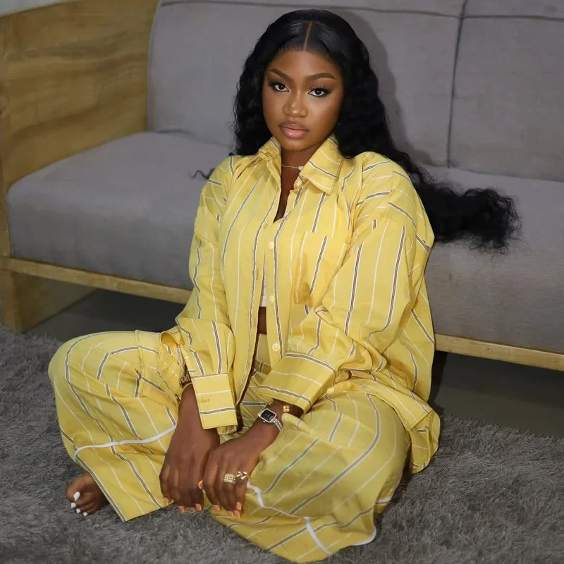 

CPSYM Женский комплект брюк из двух предметов Рубашка Топы в полоску Одинаковые комплекты с длинными рукавами Широкие брюки Повседневная уличная одежда Y2k Max